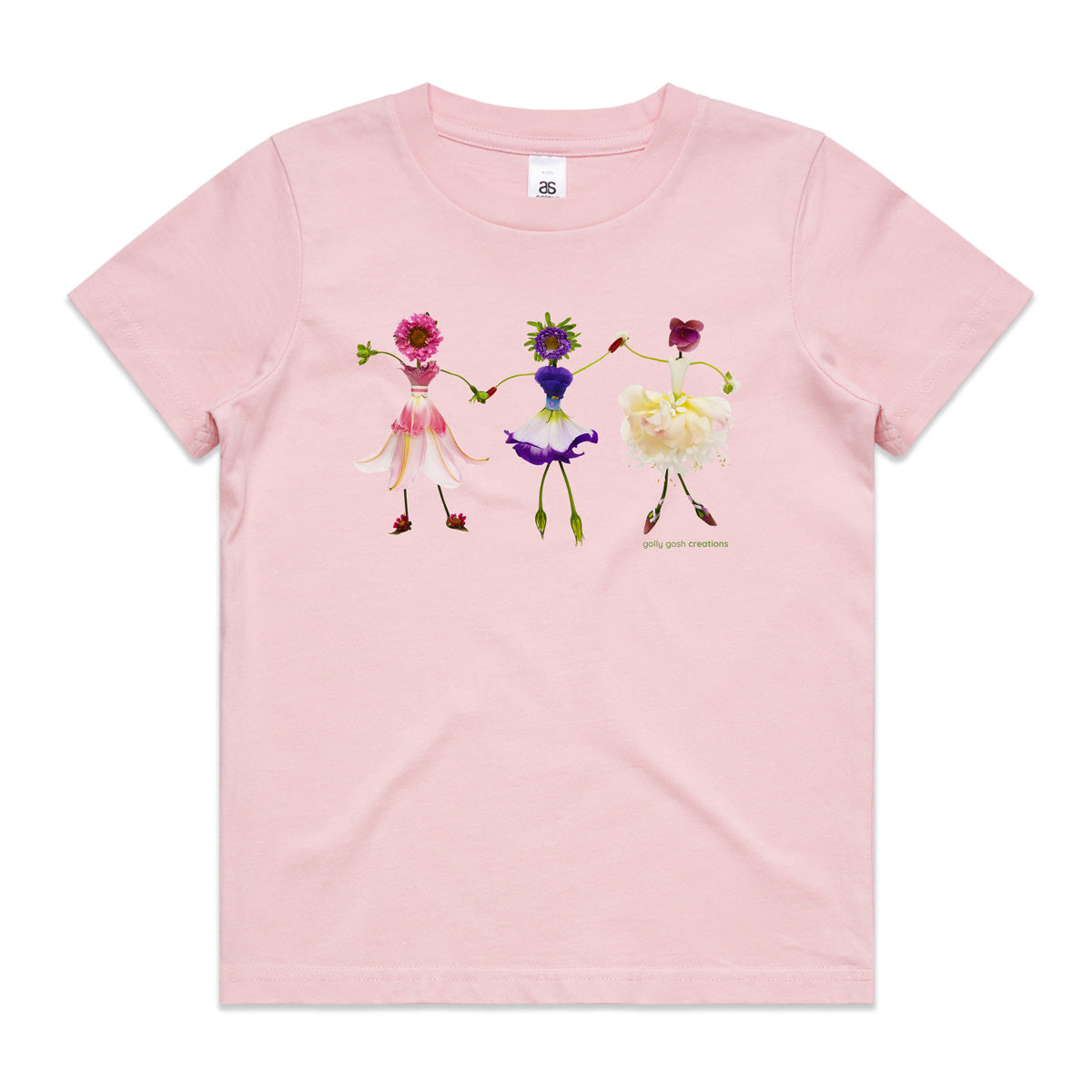 A dancing girls soft pink kids tee shirt from Golly Gosh Creations. Size 2 - 16 years. Handcrafted from fresh dainty flowers. A quality cotton garment.