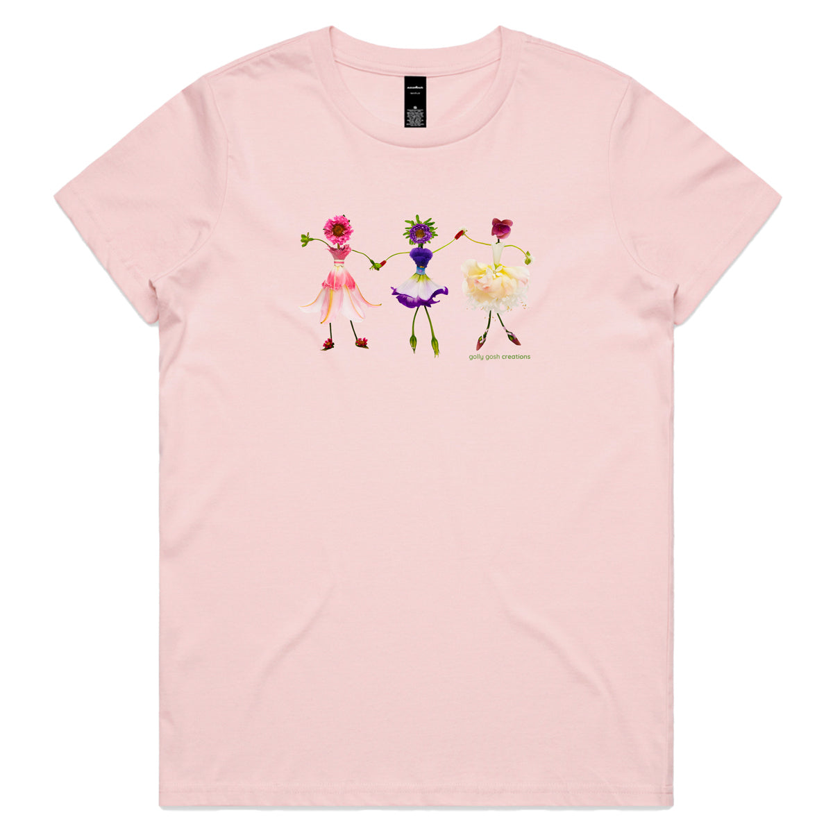 A dancing girls soft pink woman's tee shirt from Golly Gosh Creations. Sizes XS - 2XL. Created from dainty fresh flowers. Quality cotton.