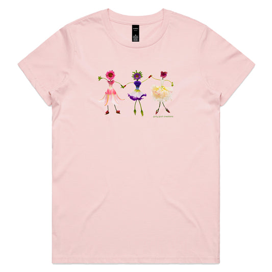 A dancing girls soft pink woman's tee shirt from Golly Gosh Creations. Sizes XS - 2XL. Created from dainty fresh flowers. Quality cotton.
