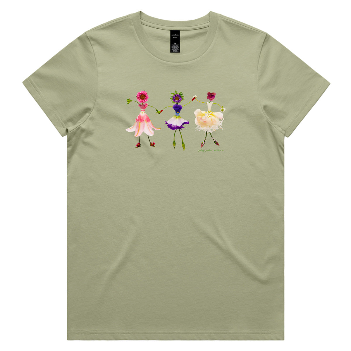 A dancing girls pistachio woman's tee shirt from Golly Gosh Creations. Sizes XS - 2XL. Created from dainty fresh flowers. Quality cotton.