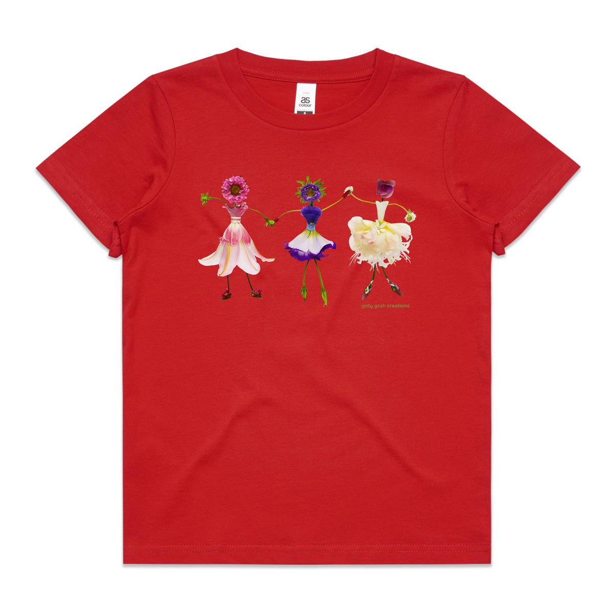 A dancing girls red kids tee shirt from Golly Gosh Creations. Size 2 - 16 years. Handcrafted from fresh dainty flowers. A quality cotton garment.