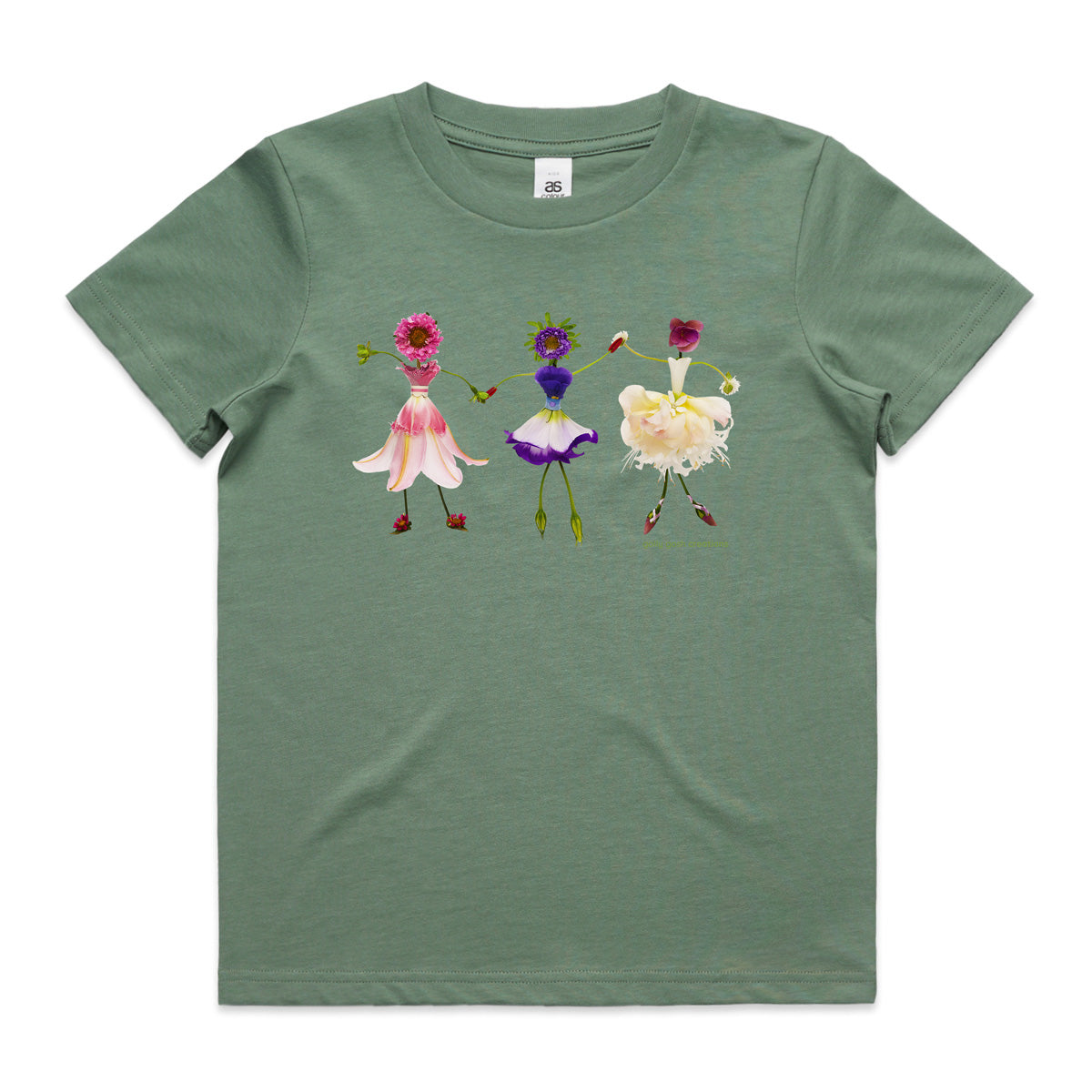 A dancing girls sage kids tee shirt from Golly Gosh Creations. Size 2 - 16 years. Handcrafted from fresh dainty flowers. A quality cotton garment.
