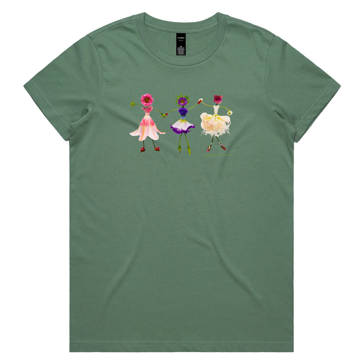 A dancing girls sage woman's tee shirt from Golly Gosh Creations. Sizes XS - 2XL. Created from dainty fresh flowers. Quality cotton.