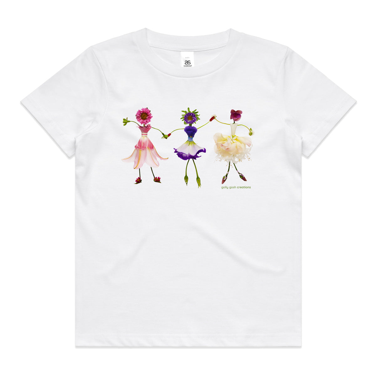 A dancing girls white kids tee shirt from Golly Gosh Creations. Size 2 - 16 years. Handcrafted from fresh dainty flowers. A quality cotton garment.