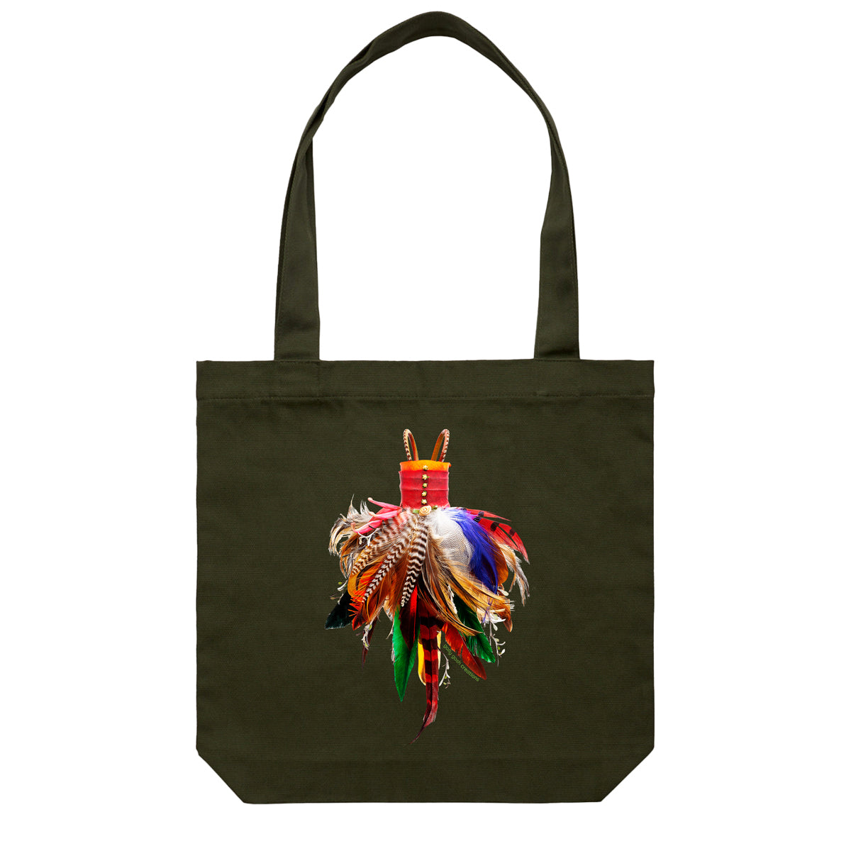 A feather dress cotton canvas tote bag by Golly Gosh Creations. Crafted from vibrant  feathers. Colour dark green.