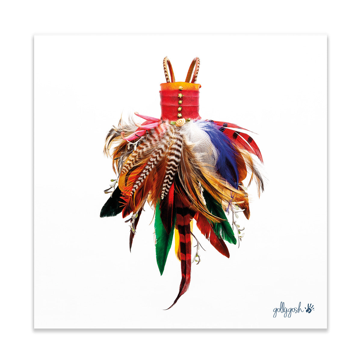 A feather dress fine art print from Golly Gosh Creations. Crafted from colourful feathers. Printed on quality white art paper. Three sizes available.