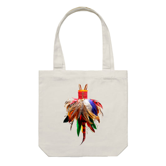 A feather dress cotton canvas tote bag by Golly Gosh Creations. Crafted from vibrant  feathers. Colour cream.