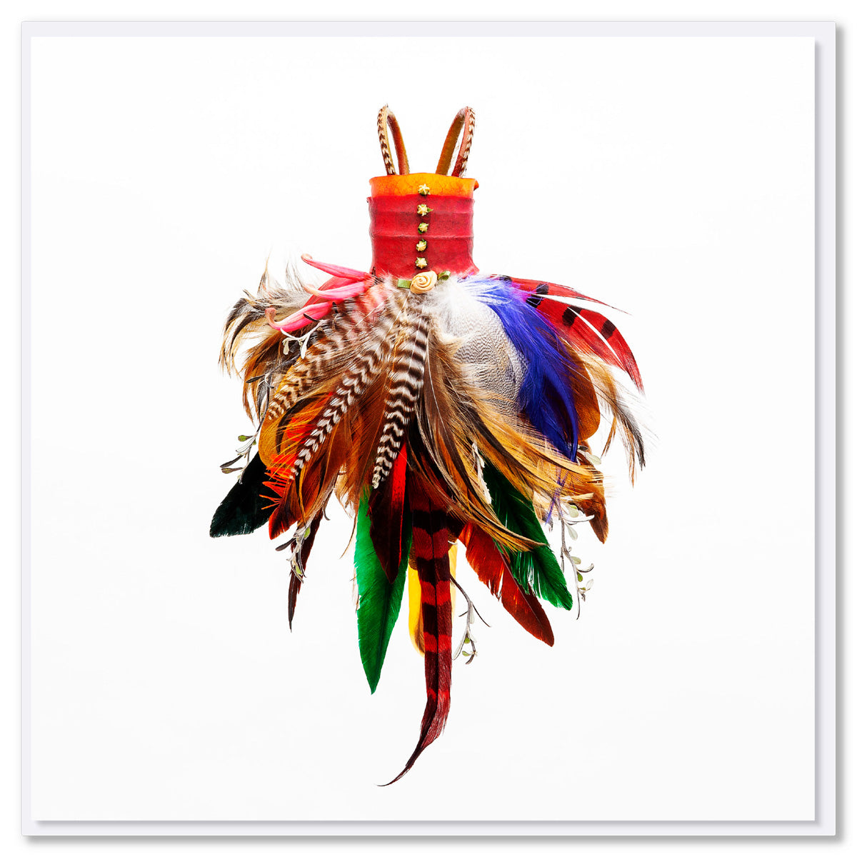 A colourful feather dress greeting card found at Golly Gosh Creations. This quality square card is created from vibrant, soft fringed feathers.