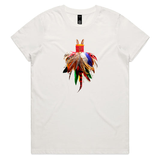 A feather dress natural woman's tee shirt from Golly Gosh Creations. Sizes XS - 2XL. Created from colourful feather plumes. Quality cotton.