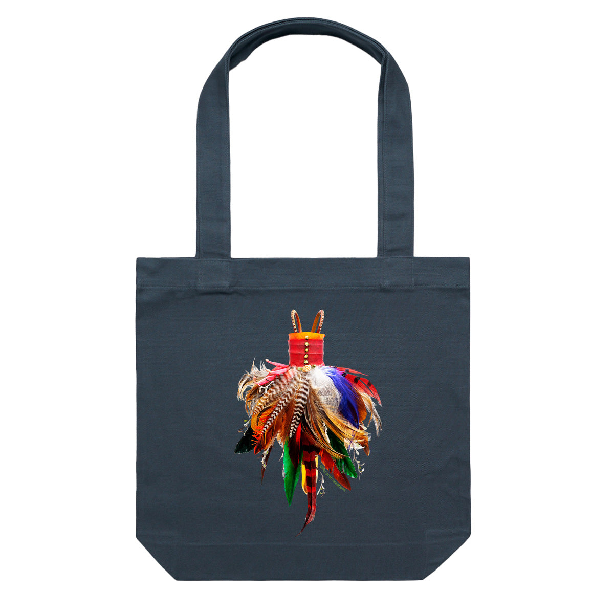 A feather dress cotton canvas tote bag by Golly Gosh Creations. Crafted from vibrant  feathers. Colour dark blue.