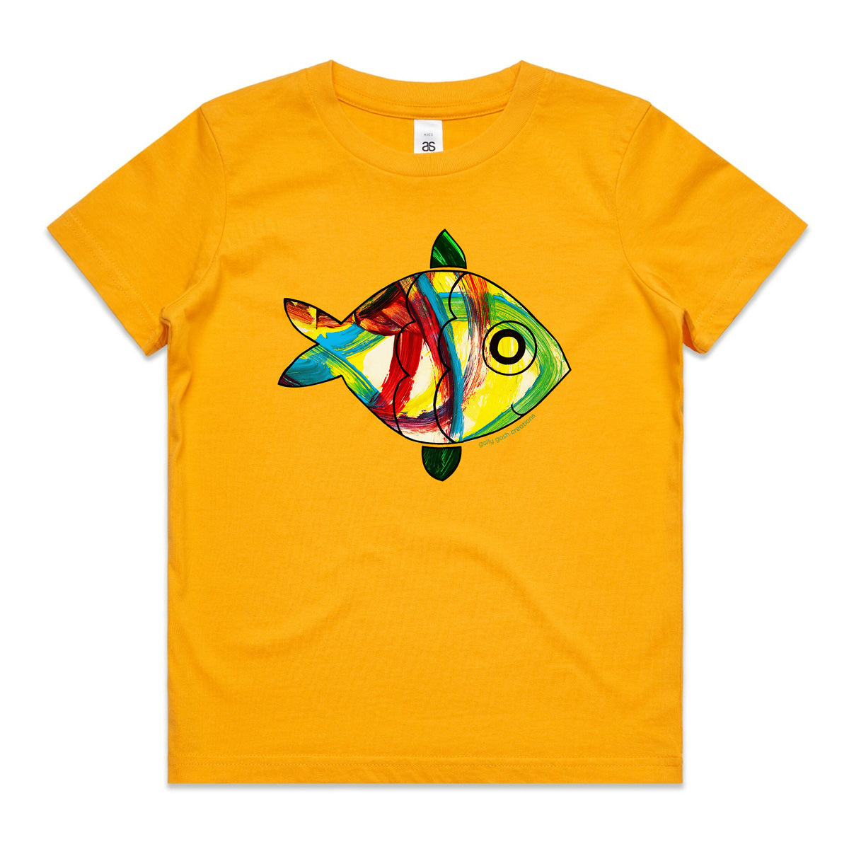 A fish yellow kids tee shirt from Golly Gosh Creations. Size 2 - 16 years. A fun kids painting. Quality cotton garment.