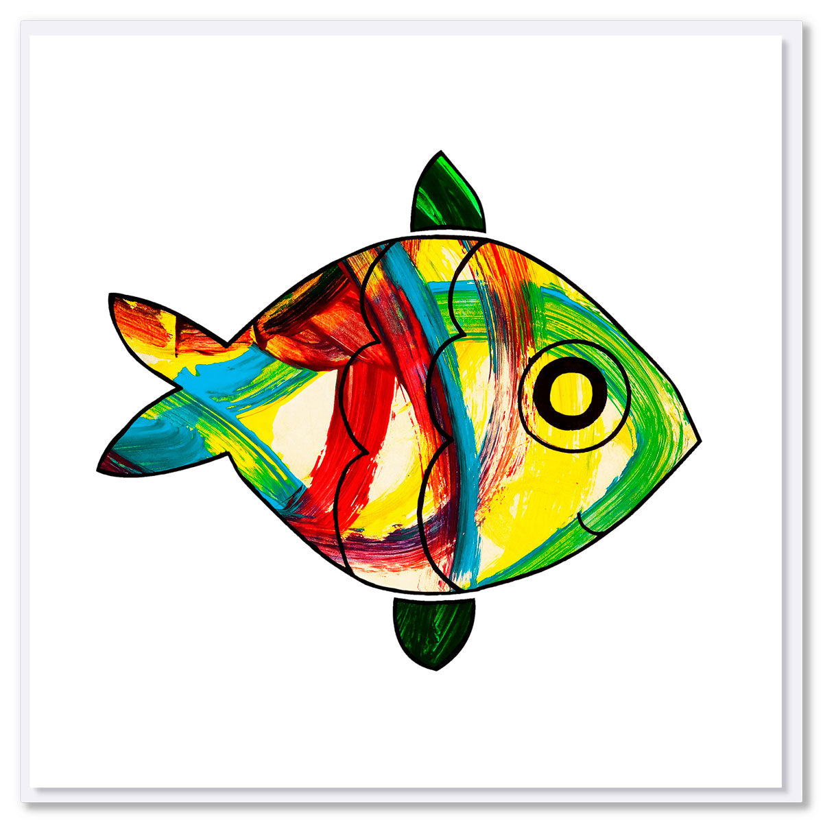 A Colourful greeting card with a kids painting of a fish on a white background. Size 142 x 142mm. Found at Golly Gosh Creations.