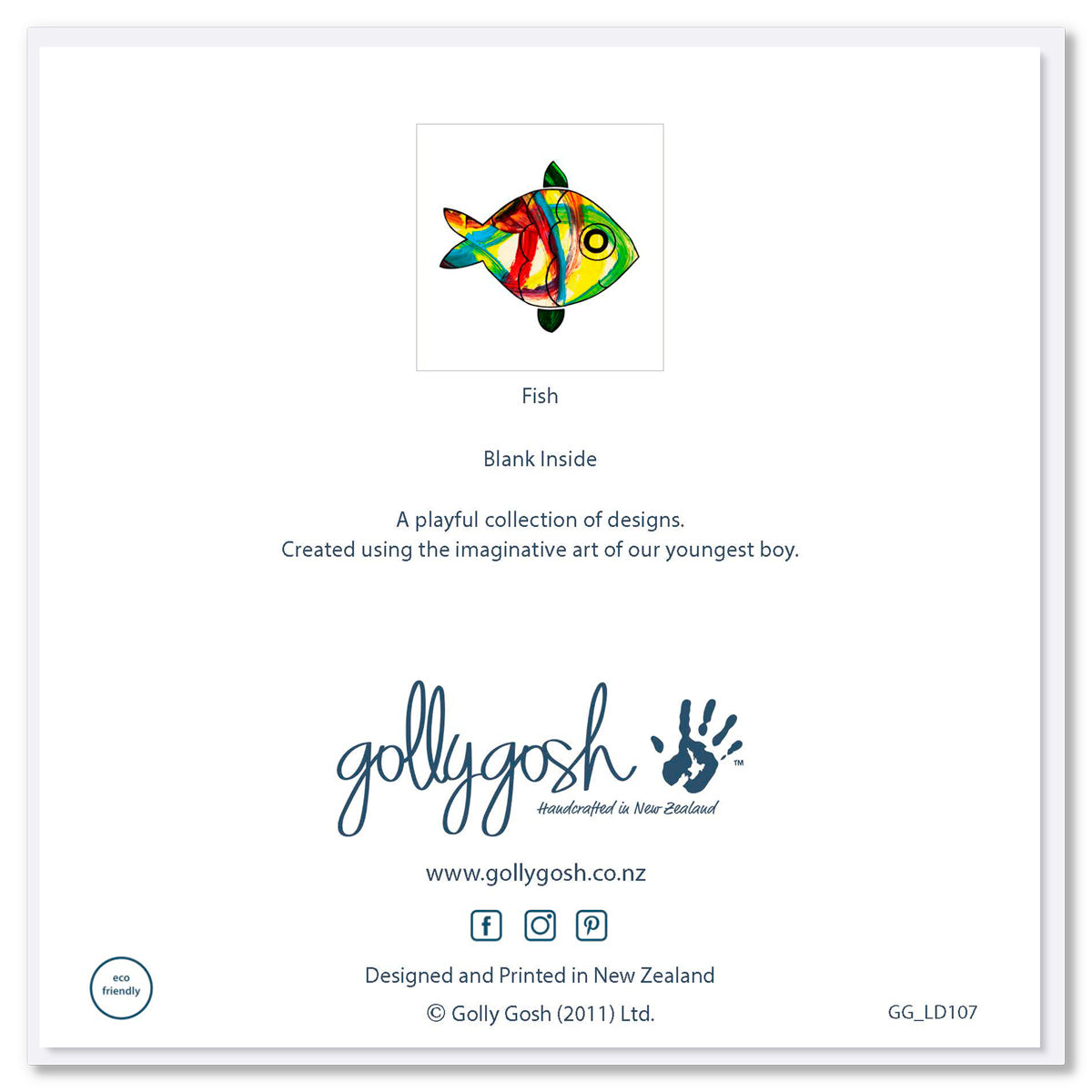 Back cover of a colourful greeting card with a kids painting of a fish on a white background. Found at Golly Gosh Creations. Size 142 x 142 mm. 