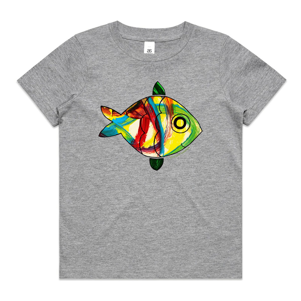 A fish grey kids tee shirt from Golly Gosh Creations. Size 2 - 16 years. A fun kids painting. Quality cotton garment.