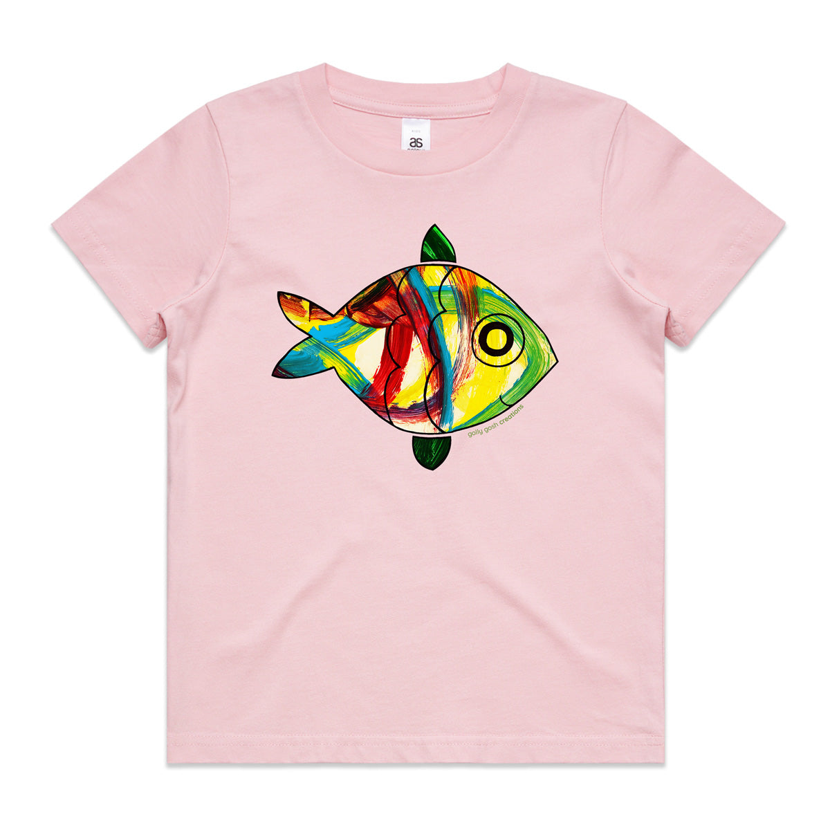 A fish soft pink kids tee shirt from Golly Gosh Creations. Size 2 - 16 years. A fun kids painting. Quality cotton garment.