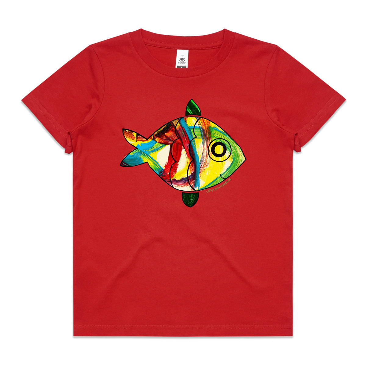 A fish red kids tee shirt from Golly Gosh Creations. Size 2 - 16 years. A fun kids painting. Quality cotton garment.