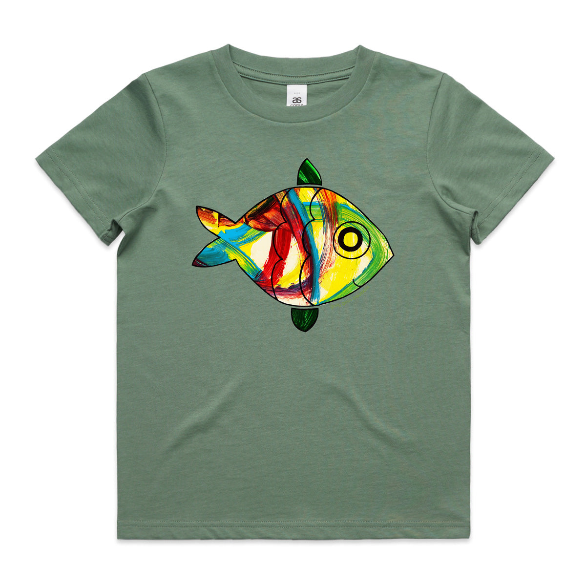 A fish sage kids tee shirt from Golly Gosh Creations. Size 2 - 16 years. A fun kids painting. Quality cotton garment.