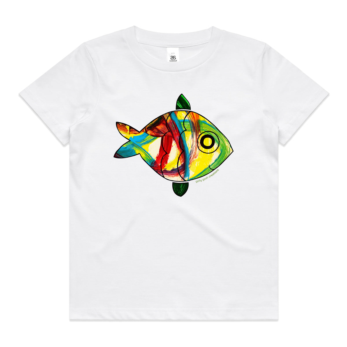 A fish white kids tee shirt from Golly Gosh Creations. Size 2 - 16 years. A fun kids painting. Quality cotton garment.