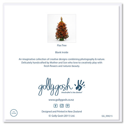 Back of Golly Gosh Flax Tree greeting card displaying product image, blank inside note, description of handcrafted Mother and Son artist collection, Golly Gosh branding, website and social details, and eco-friendly certification.