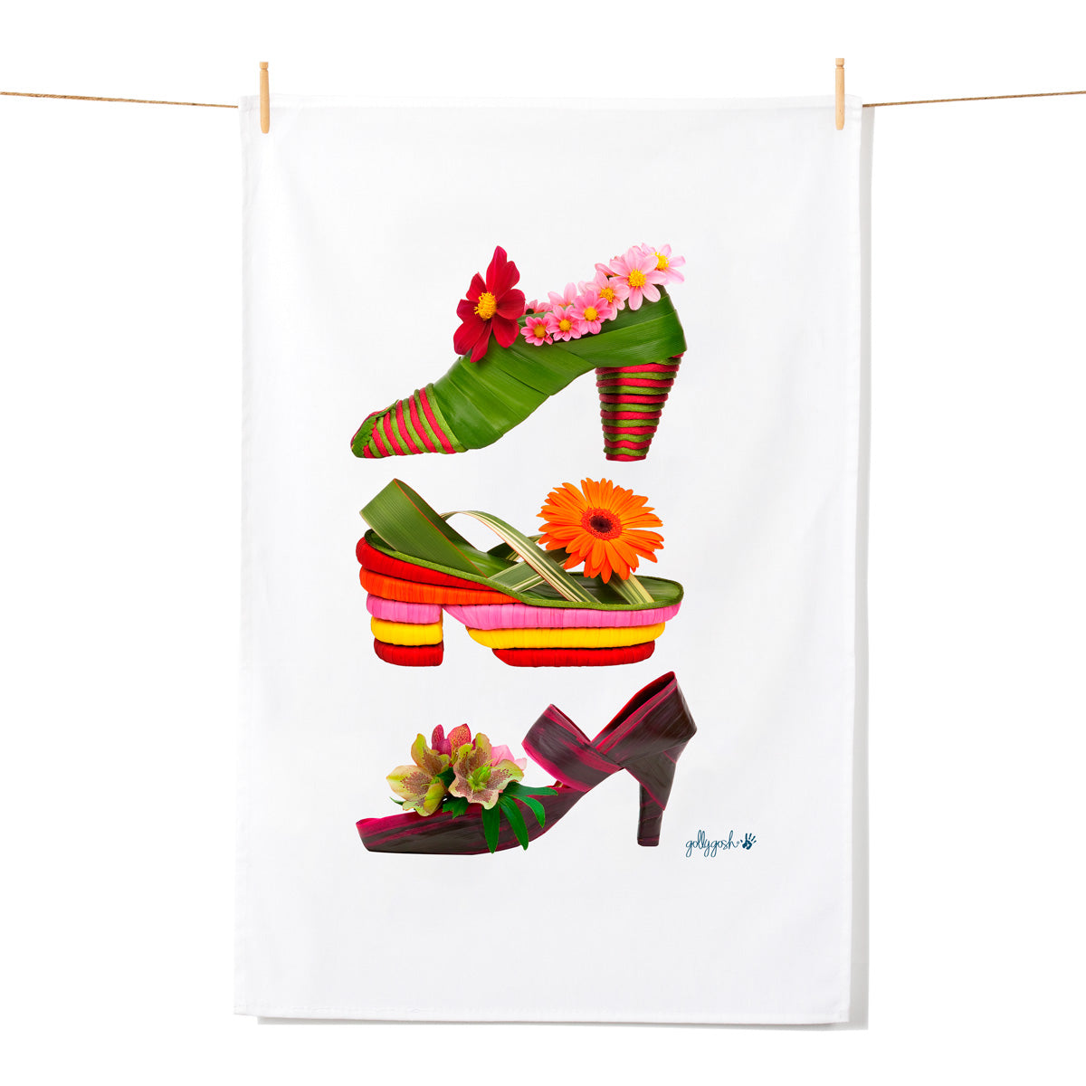 Colorful high-heeled shoes with flowers on a white background