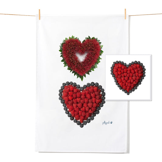 Floral & Berry Hearts - Tea Towel & Free Card Gift Set