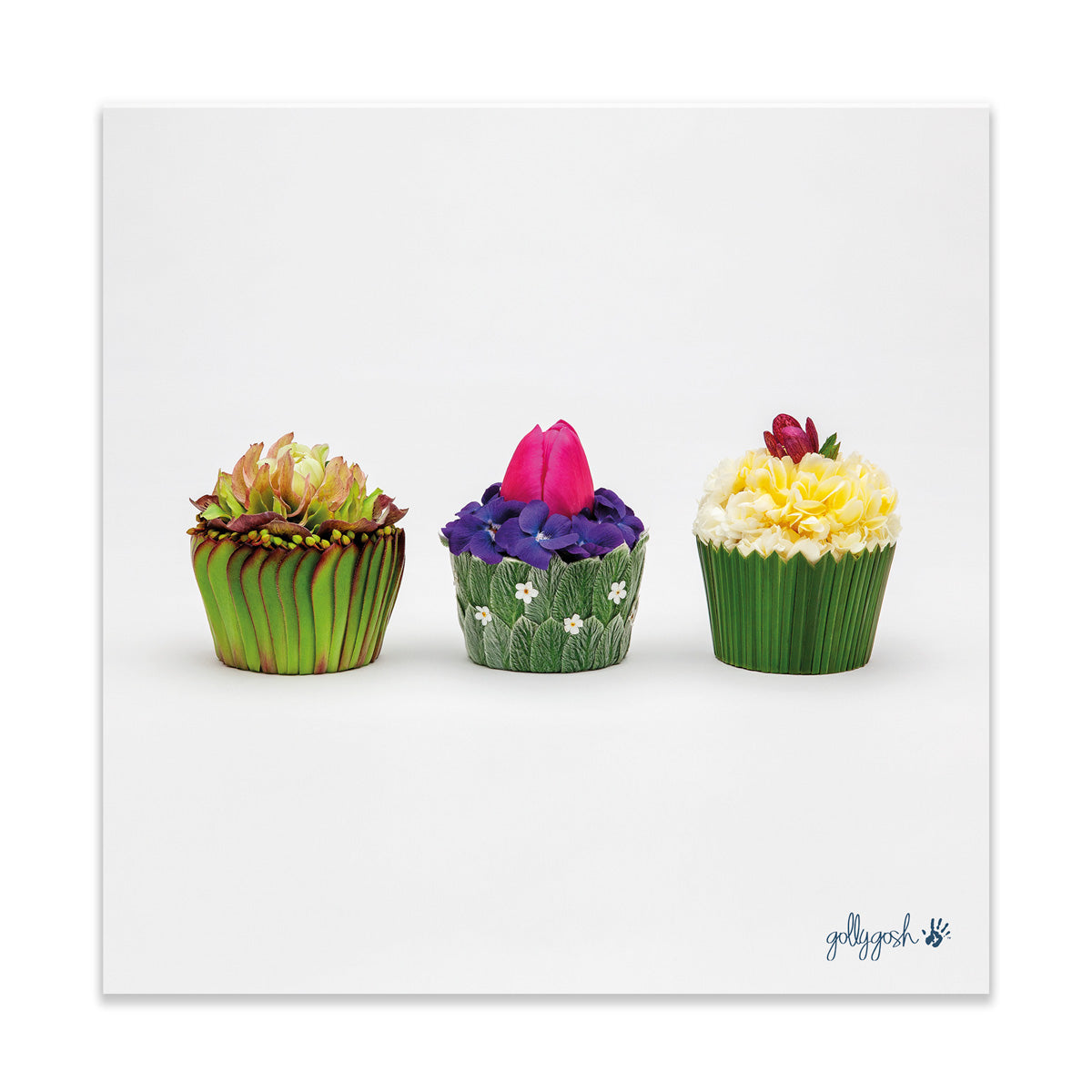 A floral cupcakes fine art print from Golly Gosh Creations. Crafted from colourful dainty flowers.  Printed on quality white art paper. Three sizes available.