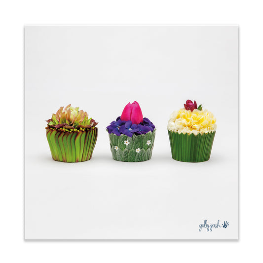 A floral cupcakes fine art print from Golly Gosh Creations. Crafted from colourful dainty flowers.  Printed on quality white art paper. Three sizes available.