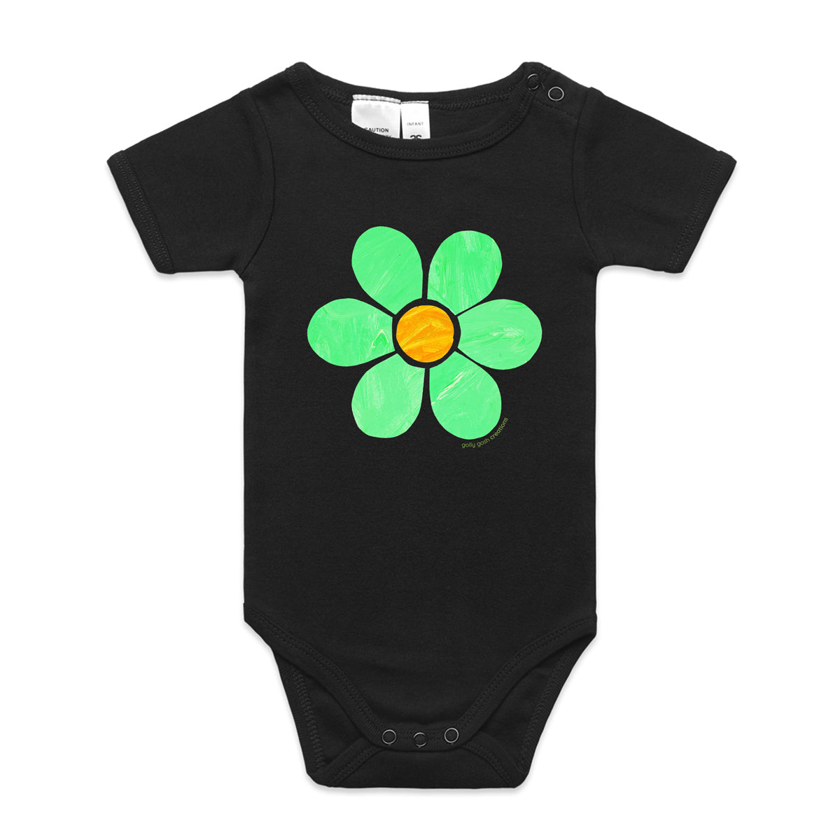 A cute flower babygrow from Golly Gosh Creations. This organic cotton garment comes in sizes 0 - 24 months. Colour black. A kids hand painted flower.