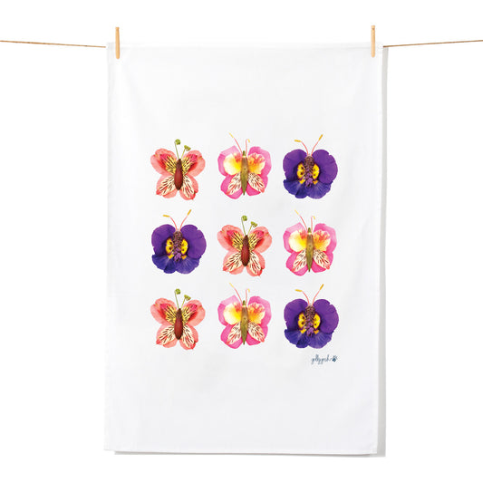 A quality cotton tea towel featuring bright dainty flower butterflies from Golly Gosh Creations.