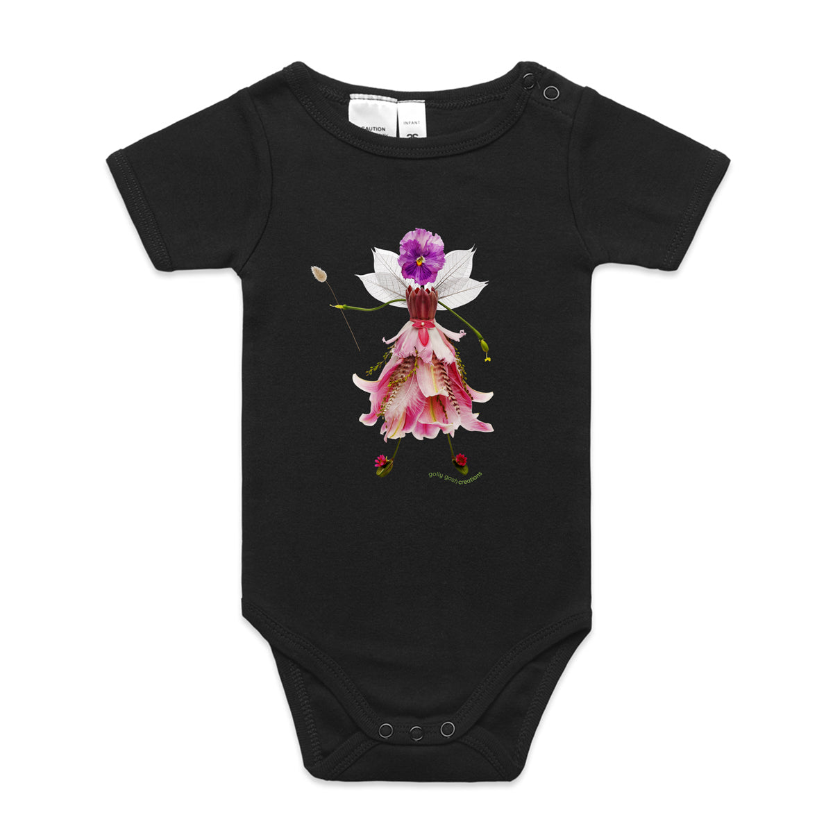 A dainty flower fairy babygrow from Golly Gosh Creations.  This organic cotton garment comes in sizes 0 - 24 months. Colour black. Crafted from fresh blooms.