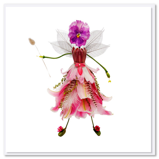 An enchanting flower fairy greeting card found at Golly Gosh Creations. Created from dainty pink and pastel blooms. Size 142 x 142 mm
