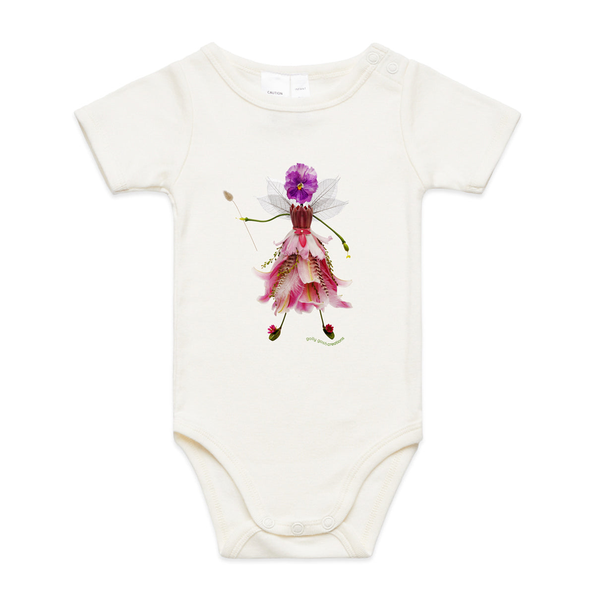 A dainty flower fairy babygrow from Golly Gosh Creations.  This organic cotton garment comes in sizes 0 - 24 months. Colour natural. Crafted from fresh blooms.