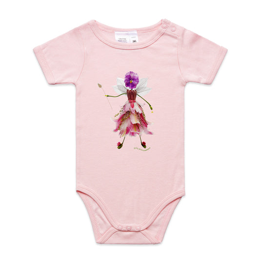 A dainty flower fairy babygrow from Golly Gosh Creations.  This organic cotton garment comes in sizes 0 - 24 months. Colour pink. Crafted from fresh blooms.