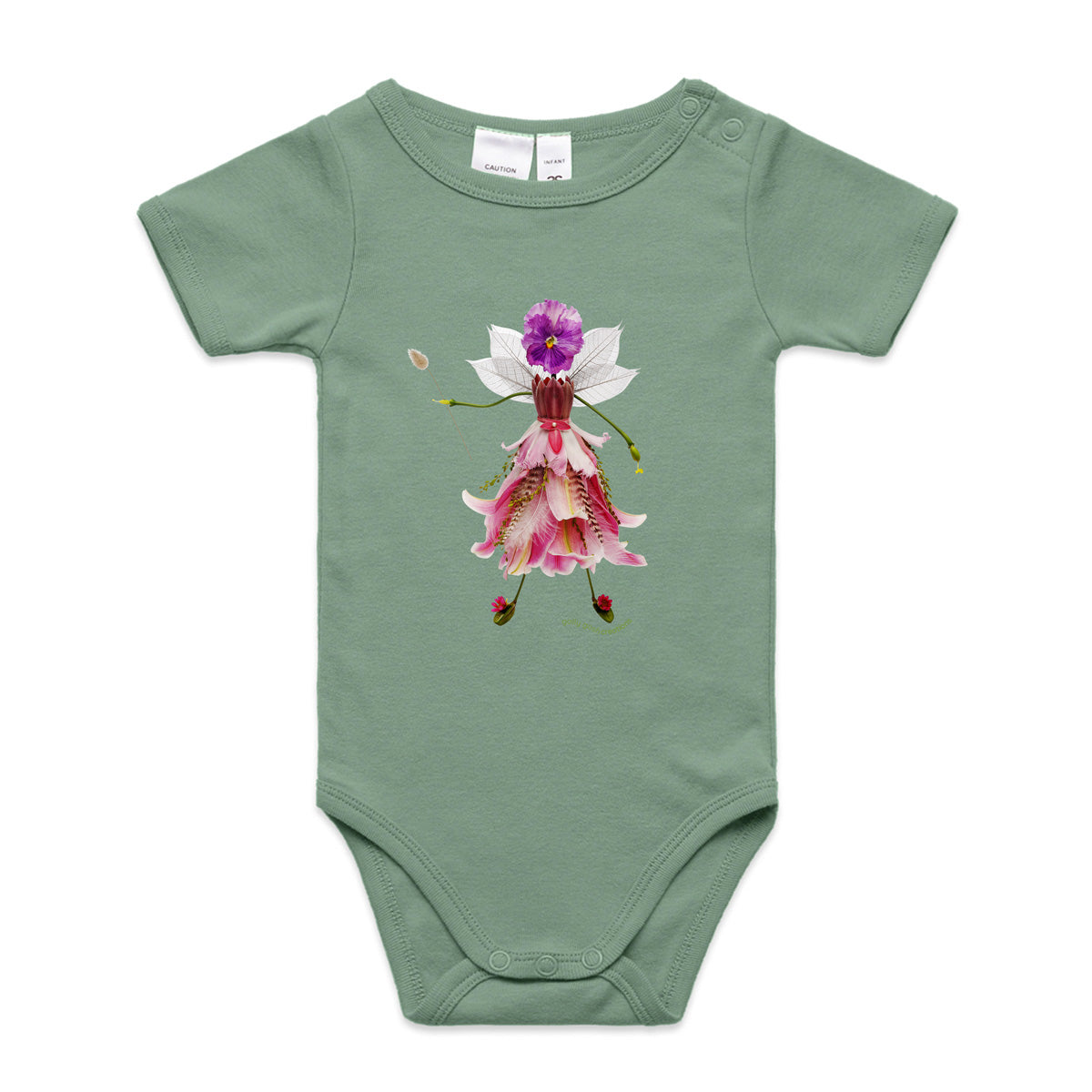 A dainty flower fairy babygrow from Golly Gosh Creations.  This organic cotton garment comes in sizes 0 - 24 months. Colour sage. Crafted from fresh blooms.