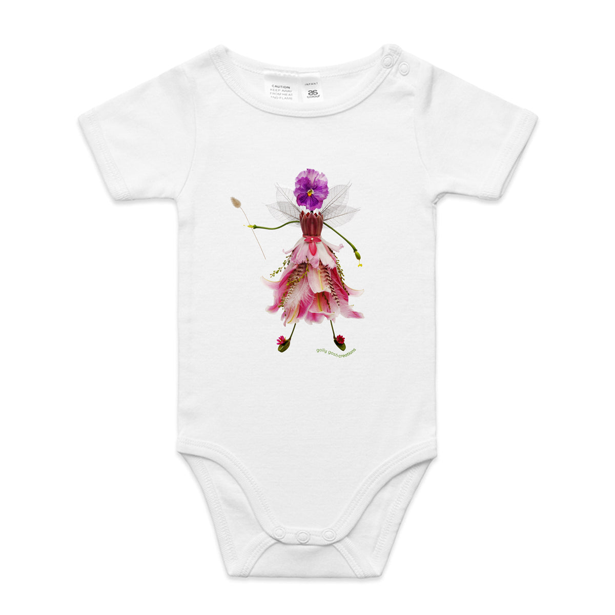 A dainty flower fairy babygrow from Golly Gosh Creations.  This quality white cotton garment comes in sizes 0 - 24 months. Crafted from fresh blooms.