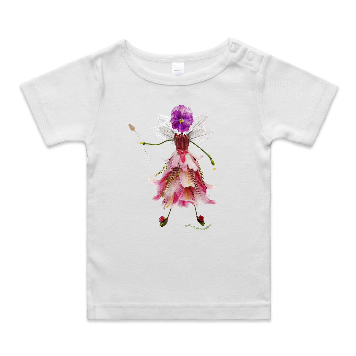 A flower fairy wee tee from Golly Gosh Creations. Crafted from dainty fresh flowers. A quality white cotton garment available from 0 - 24 months.
