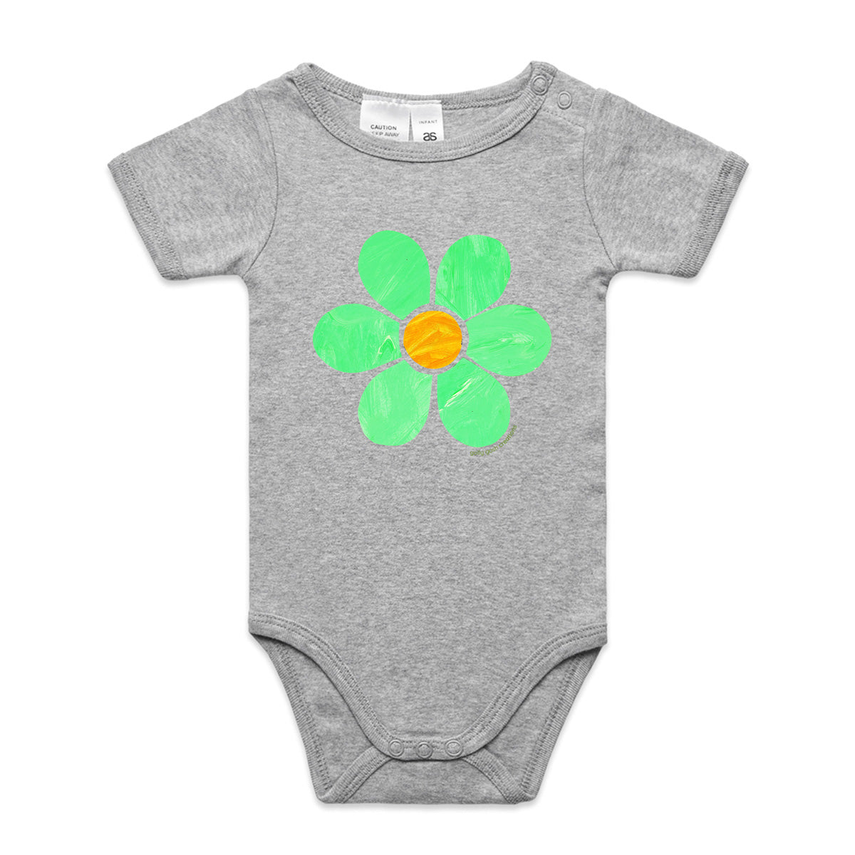 A cute flower babygrow from Golly Gosh Creations. This organic cotton garment comes in sizes 0 - 24 months. Colour grey. A kids hand painted flower.