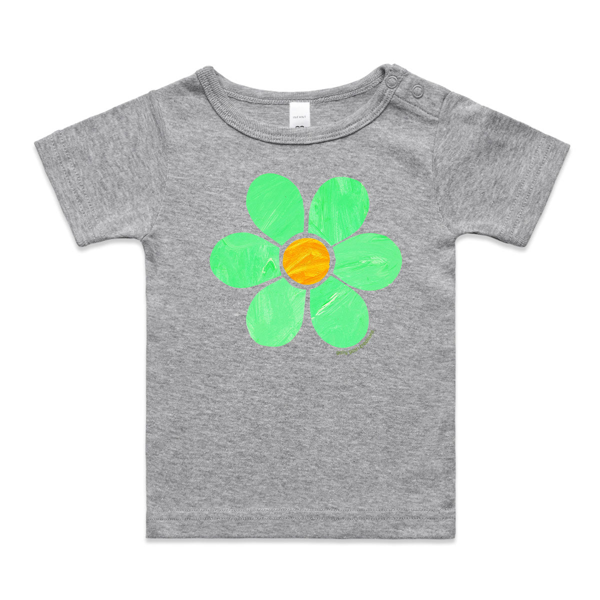 A flower wee tee from Golly Gosh Creations.  This organic cotton garment comes in sizes 0 - 24 months. Colour grey. A sweet kids painting.