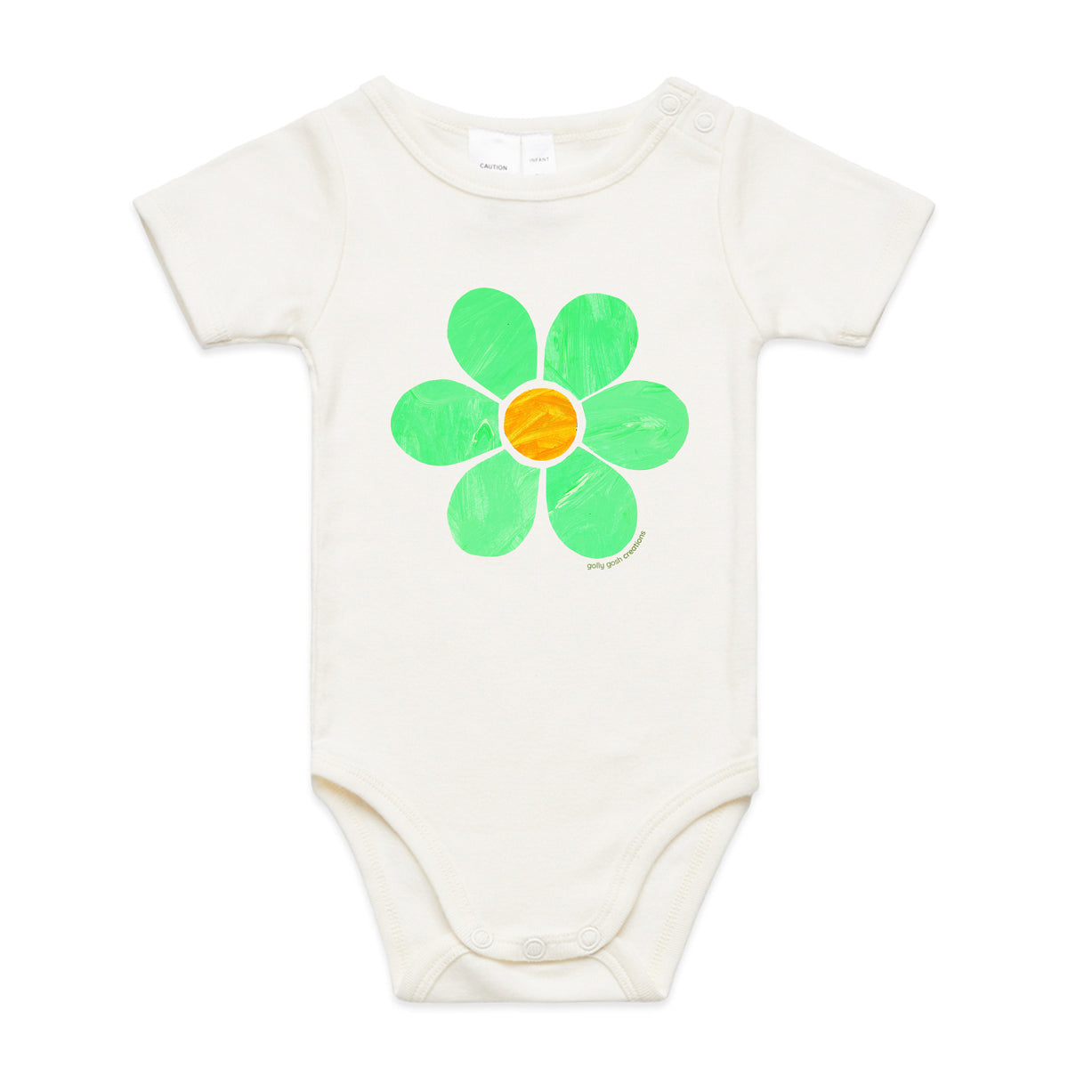 A cute flower babygrow from Golly Gosh Creations. This organic cotton garment comes in sizes 0 - 24 months. Colour natural. A kids hand painted flower.