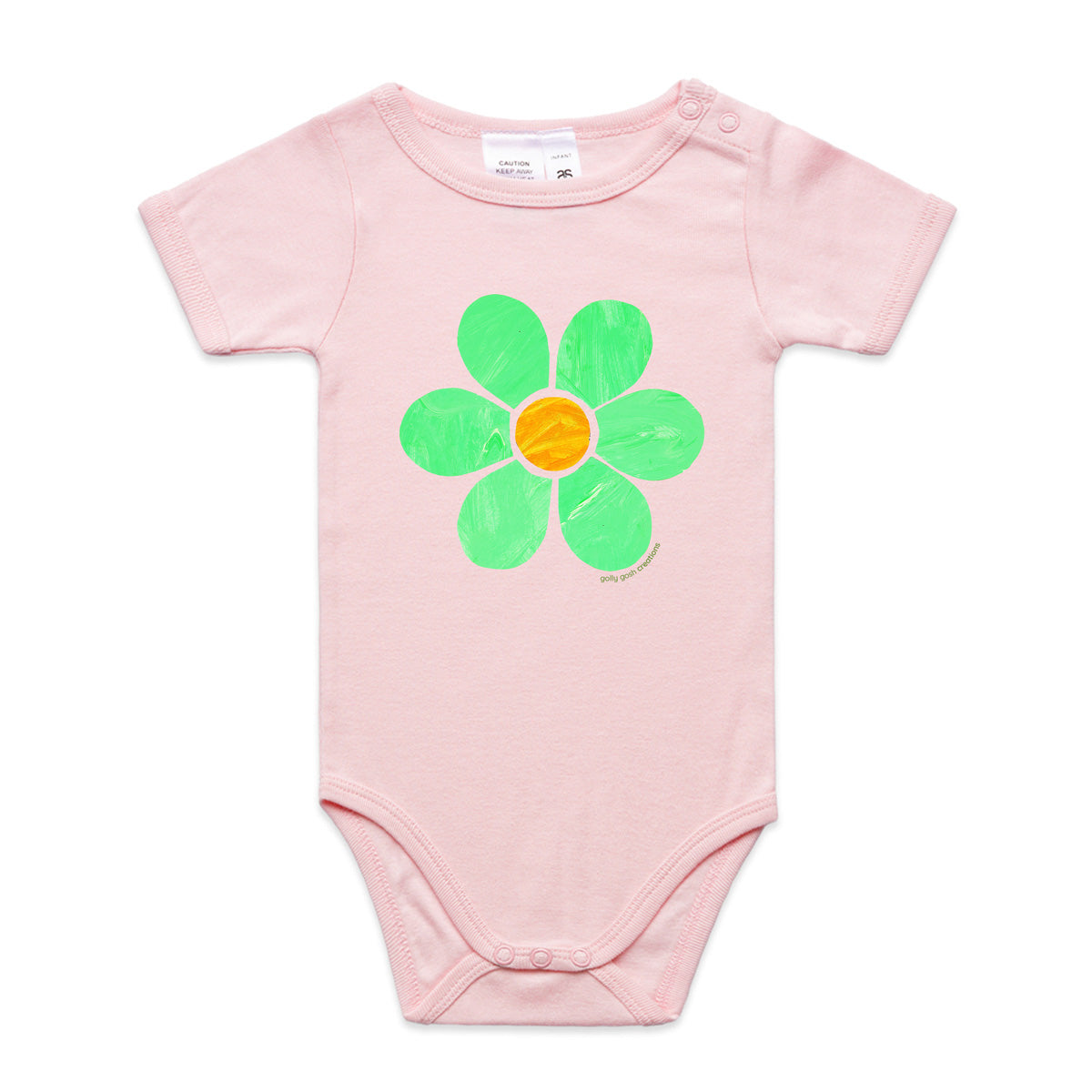 A cute flower babygrow from Golly Gosh Creations. This organic cotton garment comes in sizes 0 - 24 months. Colour pink. A kids hand painted flower.