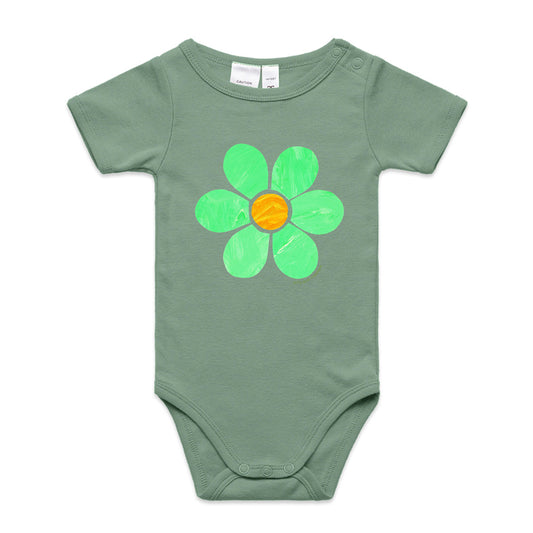 A cute flower babygrow from Golly Gosh Creations.  A quality sage cotton garment available from 0 - 24 months. A kids hand painted flower.

This organic cotton garment comes in sizes 0 - 24 months. Colour sage. A kids hand painted flower.