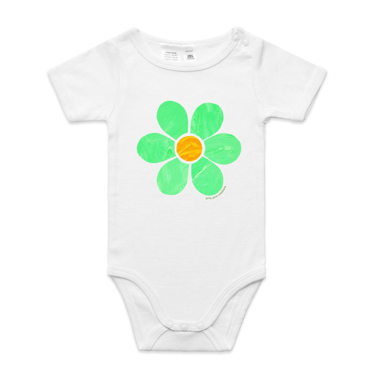 A cute flower babygrow from Golly Gosh Creations. This organic cotton garment comes in sizes 0 - 24 months. Colour white. A kids hand painted flower.