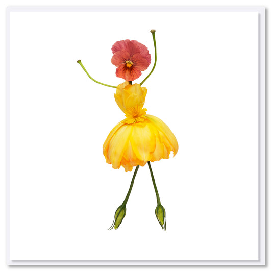 A delightful freesia girl greeting card created from vibrant yellow freesia blooms. This quality square card is available from Golly Gosh Creations.