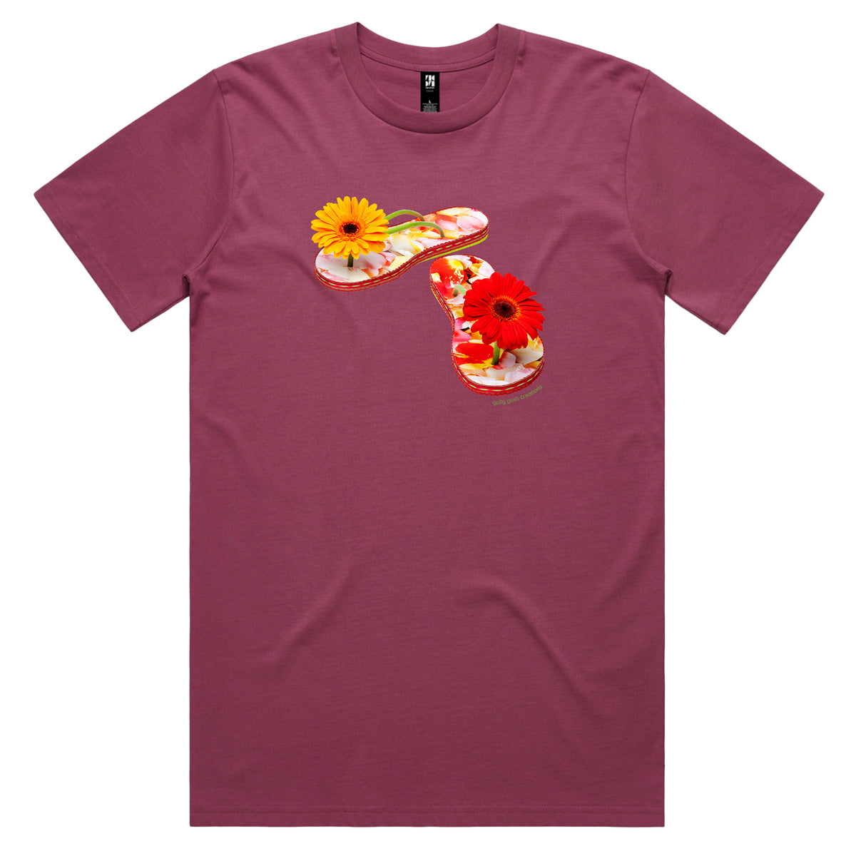 A gerbera jandals men's tee shirt from Golly Gosh Creations. Handcrafted from fresh flowers. Sizes S - 5XL. A quality cotton berry coloured tee shirt.