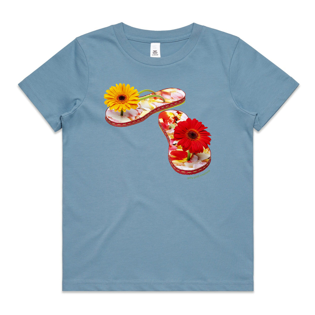 A gerbera jandals soft blue kids tee shirt from Golly Gosh Creations. Size 2 - 16 years. Handcrafted from fresh gerbera flowers. A quality cotton garment.