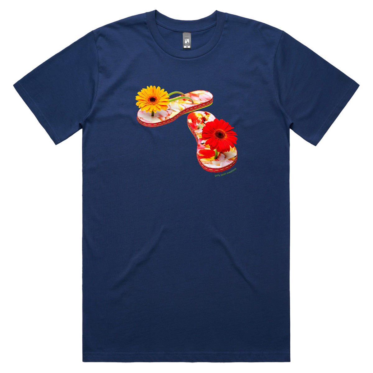A gerbera jandals men's tee shirt from Golly Gosh Creations. Handcrafted from fresh flowers. Sizes S - 5XL. A quality cotton dark blue tee shirt.
