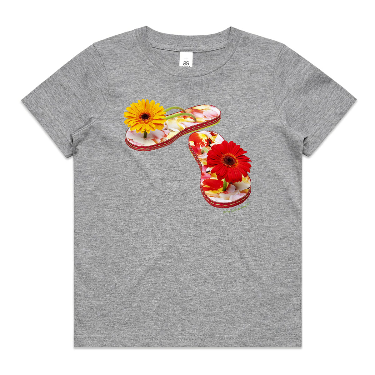 A gerbera jandals grey kids tee shirt from Golly Gosh Creations. Size 2 - 16 years. Handcrafted from fresh gerbera flowers. A quality cotton garment.