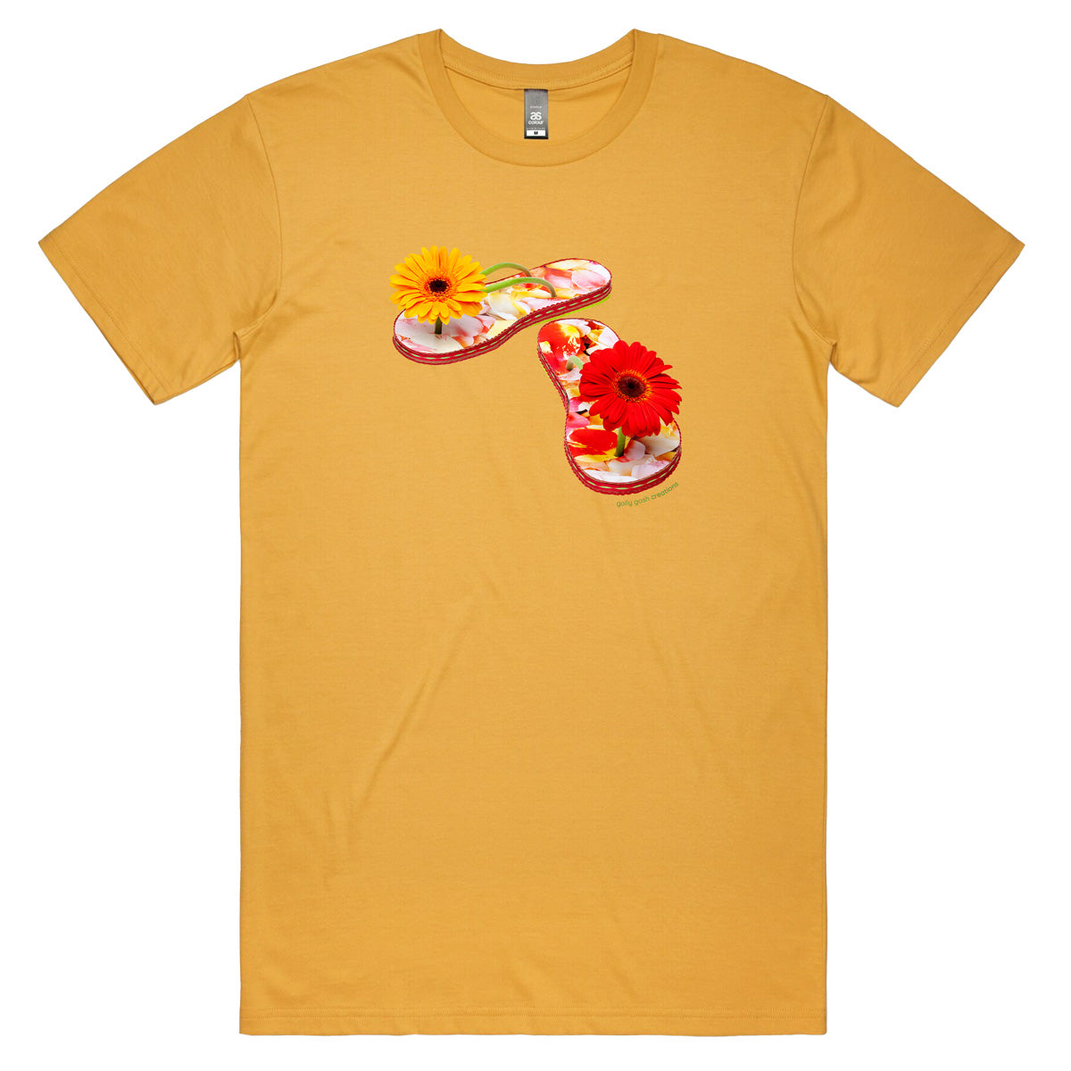A gerbera jandals men's tee shirt from Golly Gosh Creations. Handcrafted from fresh flowers. Sizes S - 5XL. A quality cotton mustard coloured tee shirt.