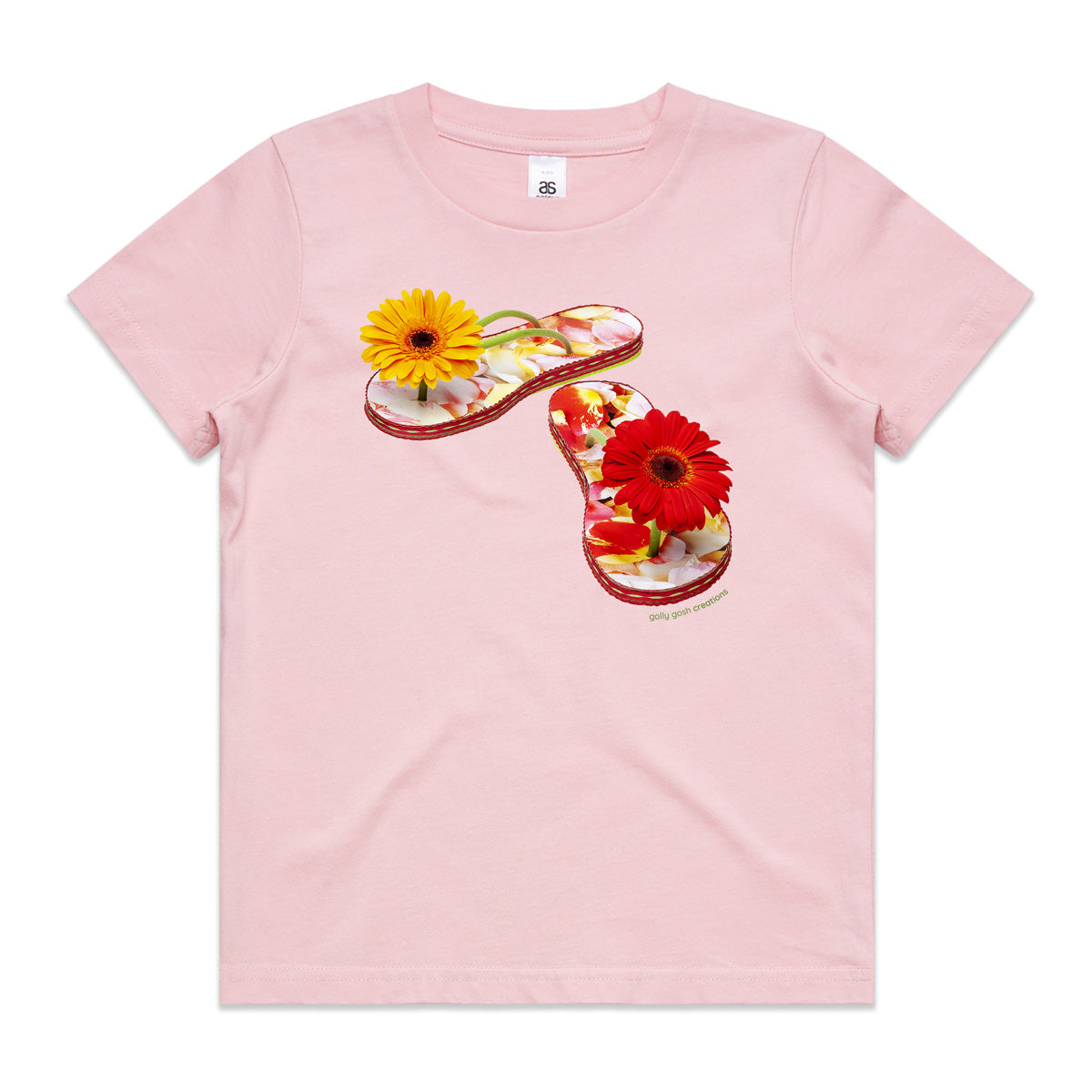 A gerbera jandals soft pink kids tee shirt from Golly Gosh Creations. Size 2 - 16 years. Handcrafted from fresh gerbera flowers. A quality cotton garment.