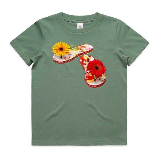A gerbera jandals sage kids tee shirt from Golly Gosh Creations. Size 2 - 16 years. Handcrafted from fresh gerbera flowers. A quality cotton garment.